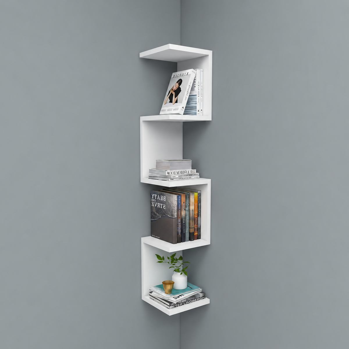 Raft suspendat tip zig-zag din PAL 22,3x22,3x111 cm, cu 4 polite, pentru carti si decoratiuni