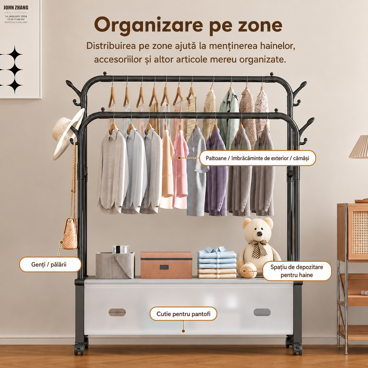 Cuier Perete Organizator Haine Accesorii Metal Negru Modern - detaliu produs