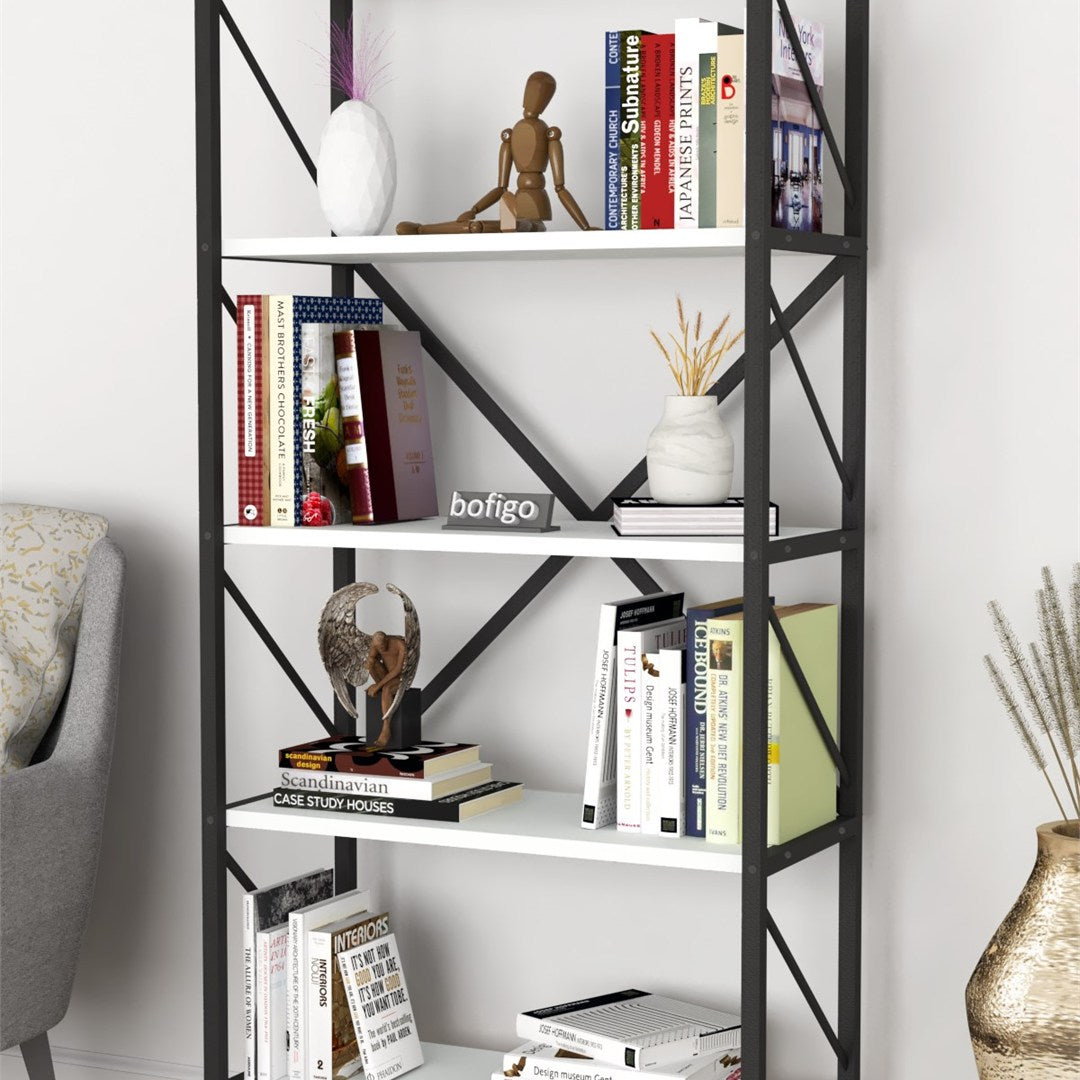 Biblioteca decorativa cu 5 rafturi, etajera metal si PAL, raft carti living sau birou 60 x 160 cm, cadru metalic stil industrial, polite PAL melaminat 18 mm clasa E1, montaj simplu, stil modern loft Alb - vedere principala