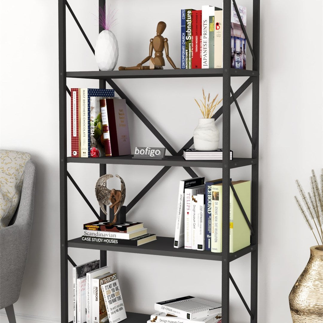 Biblioteca decorativa cu 5 rafturi, etajera metal si PAL, raft carti living sau birou 60 x 160 cm, cadru metalic stil industrial, polite PAL melaminat 18 mm clasa E1, montaj simplu, stil modern loft Pin natur - detaliu 9