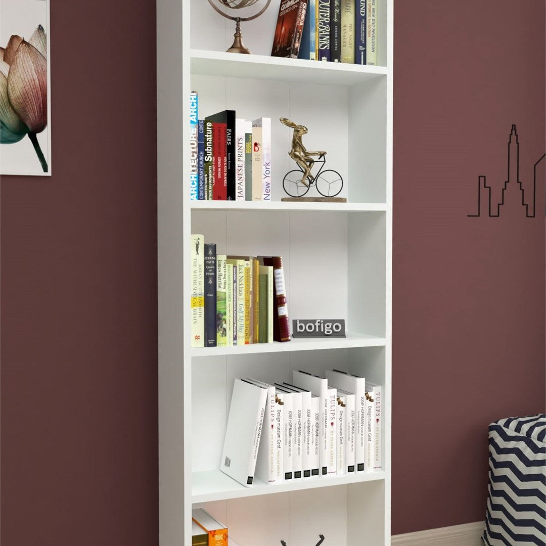 Biblioteca decorativa cu 5 rafturi din PAL, etajera carti 60 x 160 cm, structura integrala PAL melaminat 18 mm clasa E1, montaj rapid cu suruburi pre-gaurite, pentru birou living sau dormitor, stil clasic modern Alb - vedere principala