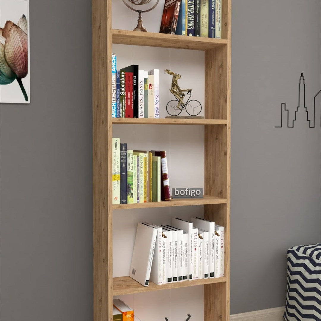 Biblioteca decorativa cu 5 rafturi din PAL, etajera carti 60 x 160 cm, structura integrala PAL melaminat 18 mm clasa E1, montaj rapid cu suruburi pre-gaurite, pentru birou living sau dormitor, stil clasic modern Pin natur - vedere principala