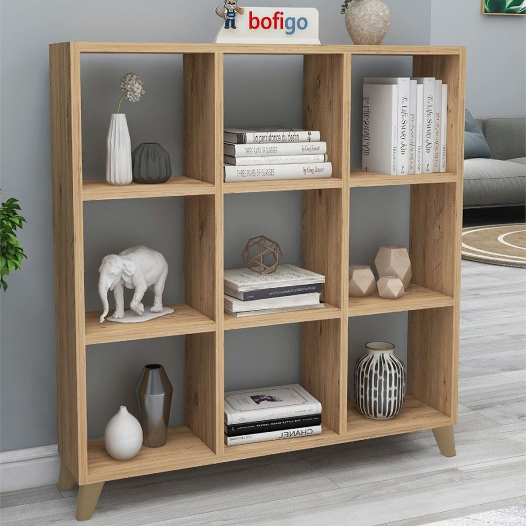 Biblioteca Cub cu 9 compartimente si rafturi, etajera carti 100 x 100 cm, cutii organizatoare design geometric modern, PAL melaminat 18 mm clasa E1, asezabila vertical sau orizontal ca bancuta, stil scandinav Pin natur - vedere principala