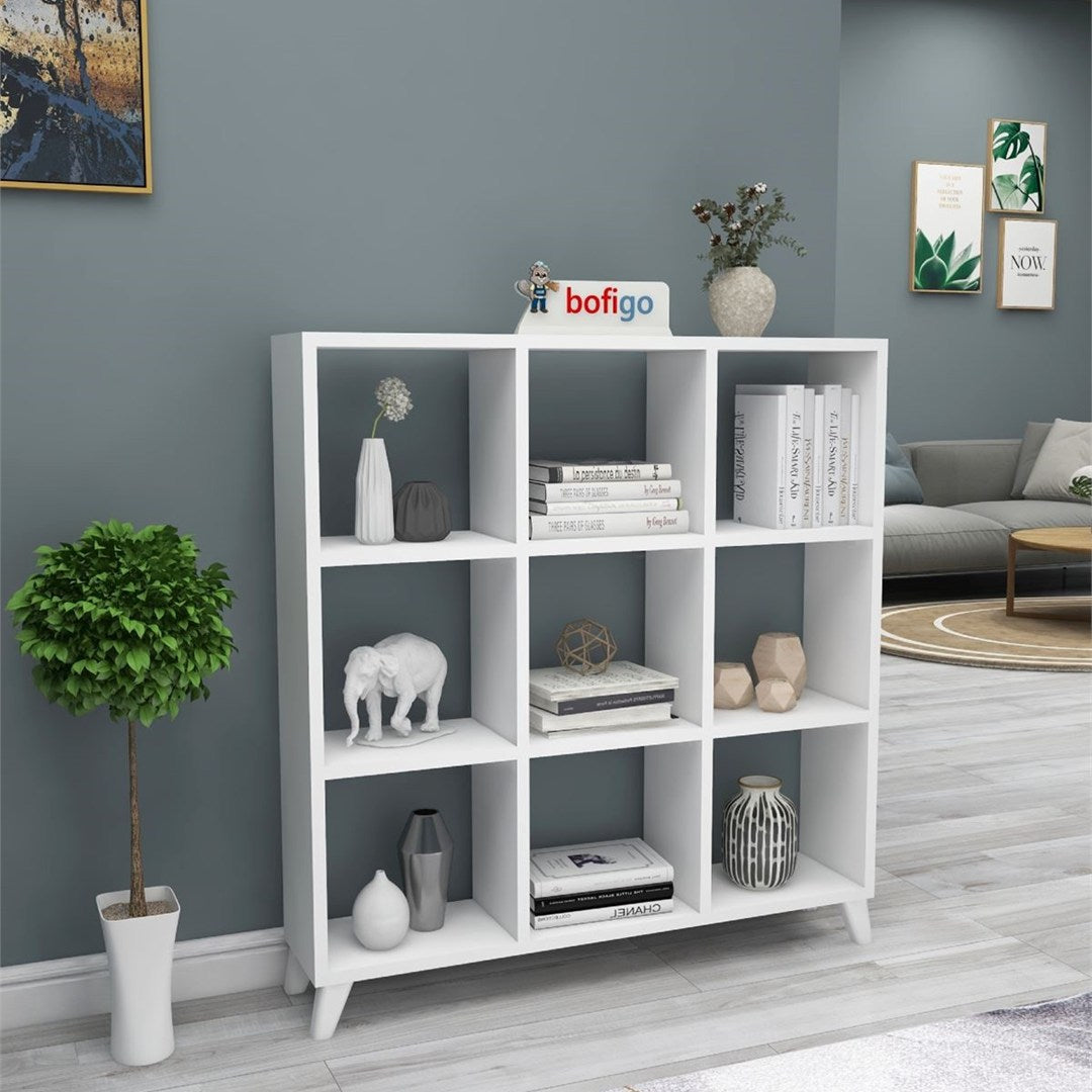 Biblioteca Cub cu 9 compartimente si rafturi, etajera carti 100 x 100 cm, cutii organizatoare design geometric modern, PAL melaminat 18 mm clasa E1, asezabila vertical sau orizontal ca bancuta, stil scandinav Pin natur - detaliu 8