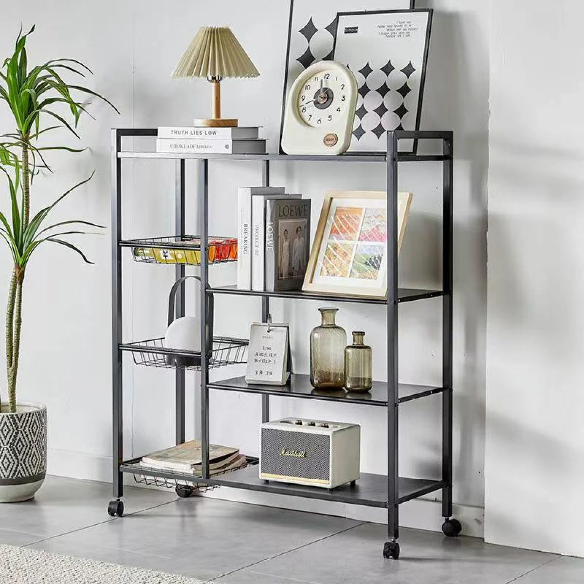 Raft metalic cu 4 polite si 3 cosuri pentru depozitare, portabil, 90  x 32  x 108  cm, negru