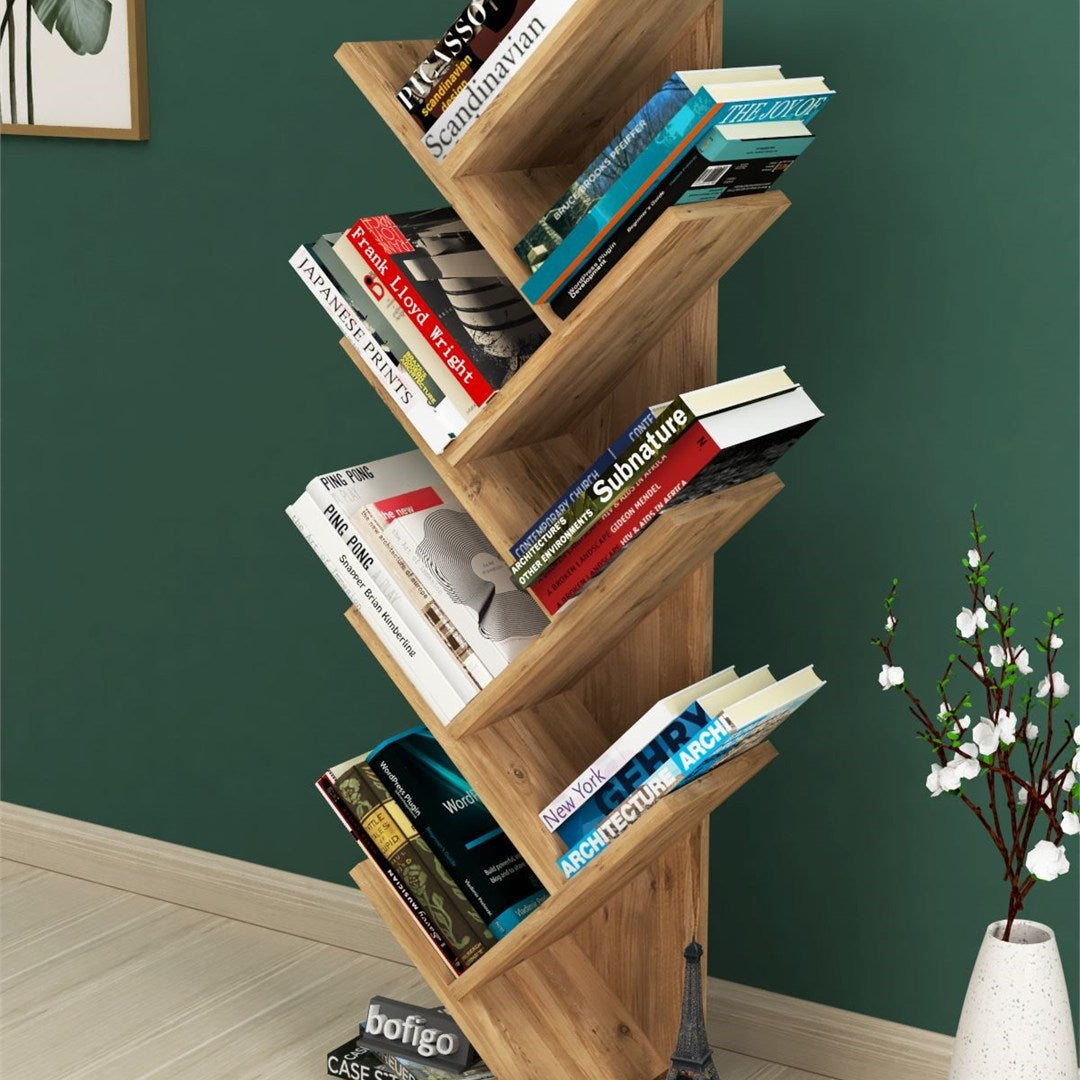 Biblioteca Copac cu rafturi decorative, etajera living 60 x 170 cm in forma de copac, cadru metalic negru + polite PAL melaminat 18 mm, element decorativ remarcabil pentru living sau birou, stil industrial modern Pin natur - detaliu 3