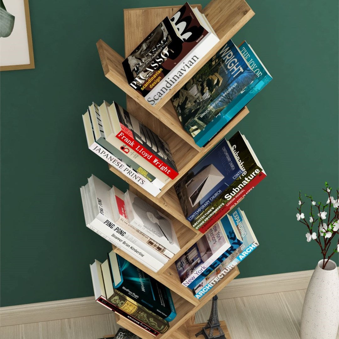 Biblioteca Copac cu rafturi decorative, etajera living 60 x 170 cm in forma de copac, cadru metalic negru + polite PAL melaminat 18 mm, element decorativ remarcabil pentru living sau birou, stil industrial modern Pin natur - detaliu 4