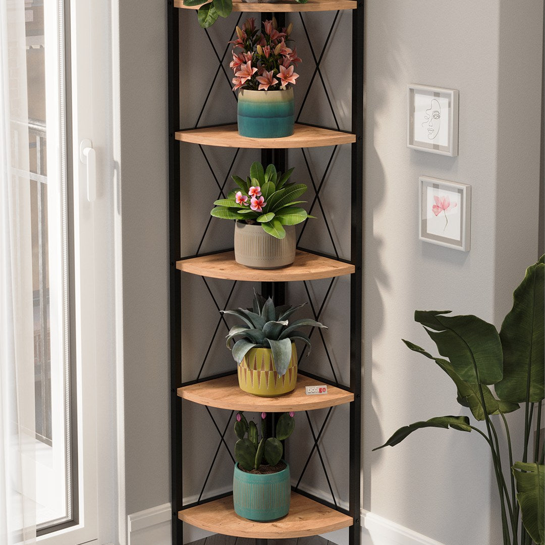 Biblioteca metalica de colt cu 5 rafturi, etajera colt 30 x 170 cm, cadru metalic negru stil industrial, rafturi triunghiulare PAL melaminat 18 mm, optimizeaza spatiul living birou sau dormitor, stil loft Pin natur - vedere principala