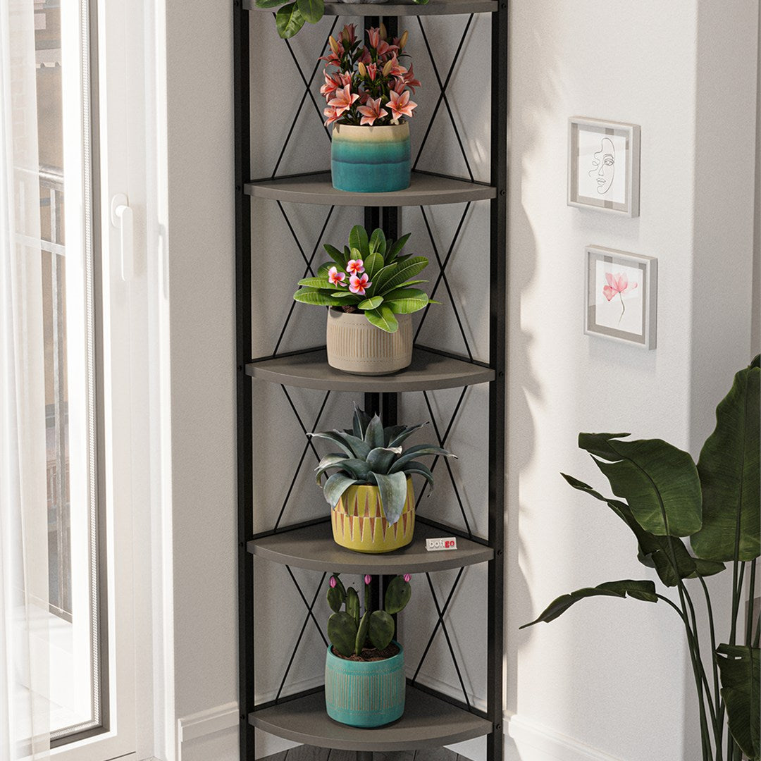 Biblioteca metalica de colt cu 5 rafturi, etajera colt 30 x 170 cm, cadru metalic negru stil industrial, rafturi triunghiulare PAL melaminat 18 mm, optimizeaza spatiul living birou sau dormitor, stil loft Antracit - vedere principala
