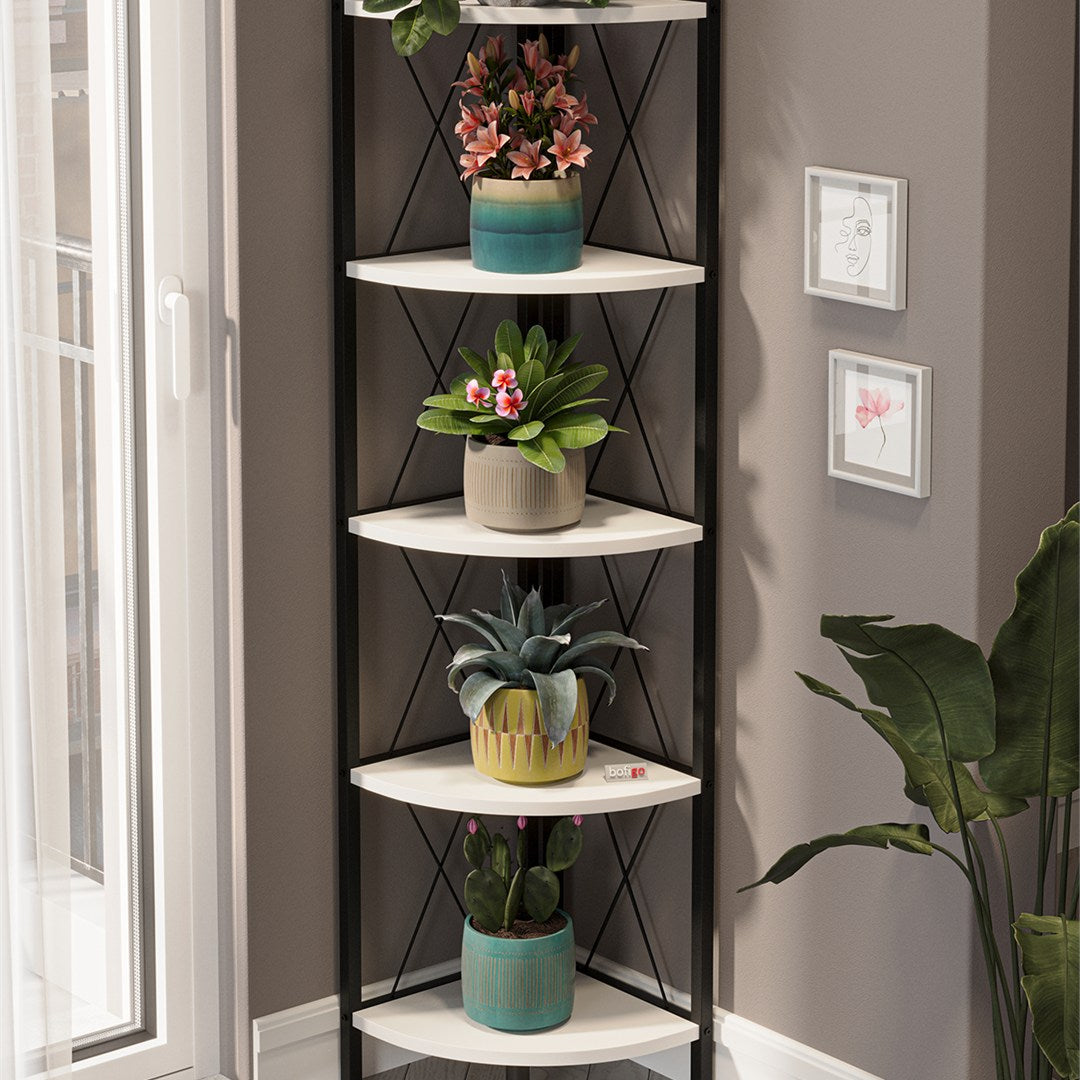 Biblioteca metalica de colt cu 5 rafturi, etajera colt 30 x 170 cm, cadru metalic negru stil industrial, rafturi triunghiulare PAL melaminat 18 mm, optimizeaza spatiul living birou sau dormitor, stil loft Antracit - detaliu 7