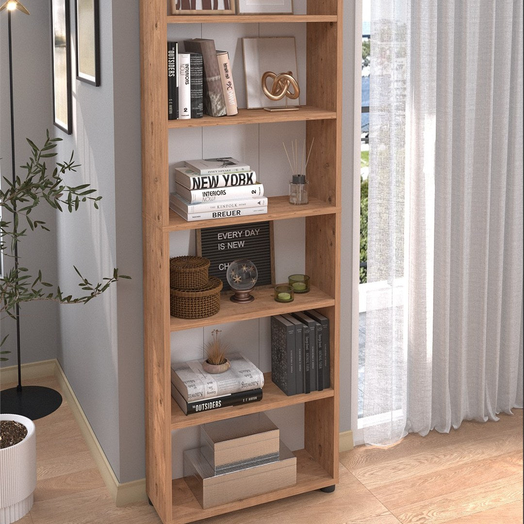 Biblioteca cu 6 rafturi din PAL, etajera carti 60 x 180 cm, PAL melaminat 18 mm clasa E1 cu margini ABS finisate, raft spatios pentru birou living sau dormitor, stil clasic modern scandinav Pin natur - vedere principala