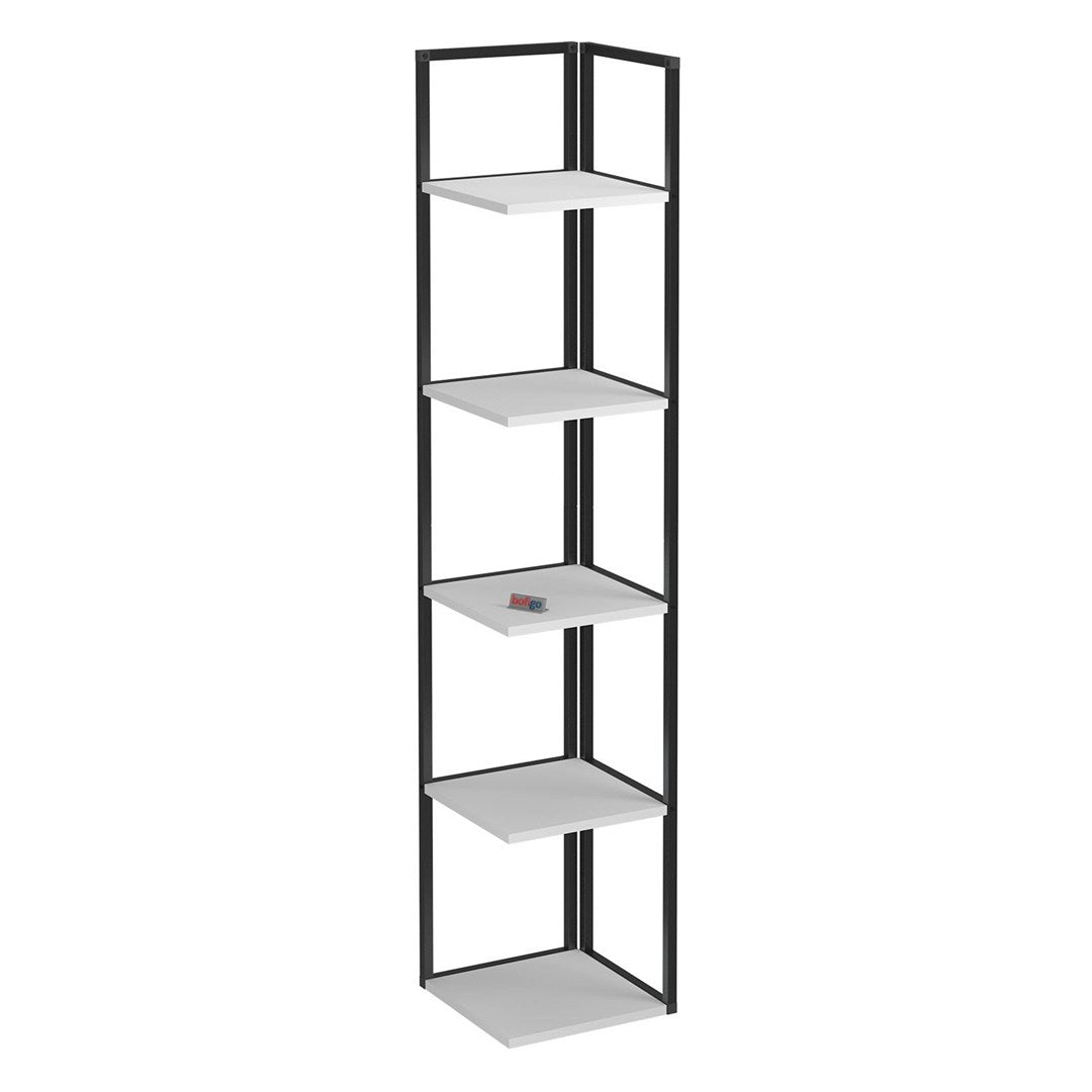 Biblioteca de colt Selanik cu 5 nivele, etajera colt 60 x 170 cm, polite late pentru carti mari sau obiecte decorative, PAL melaminat 18 mm clasa E1, stil modern scandinav ideal living sau birou Alb - detaliu 4