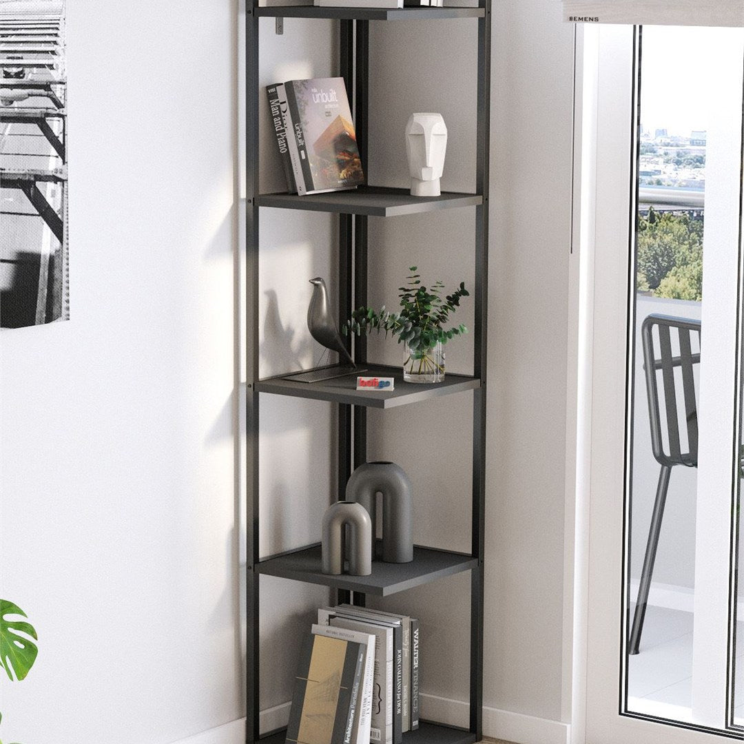 Biblioteca de colt Selanik cu 5 nivele, etajera colt 60 x 170 cm, polite late pentru carti mari sau obiecte decorative, PAL melaminat 18 mm clasa E1, stil modern scandinav ideal living sau birou Alb - detaliu 7