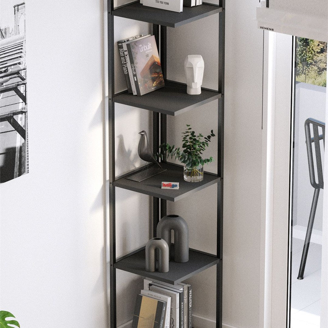 Biblioteca de colt Selanik cu 5 nivele, etajera colt 60 x 170 cm, polite late pentru carti mari sau obiecte decorative, PAL melaminat 18 mm clasa E1, stil modern scandinav ideal living sau birou Antracit - detaliu 3