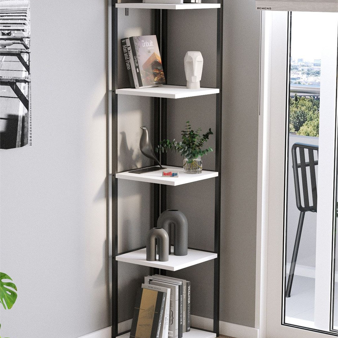 Biblioteca de colt Selanik cu 5 nivele, etajera colt 60 x 170 cm, polite late pentru carti mari sau obiecte decorative, PAL melaminat 18 mm clasa E1, stil modern scandinav ideal living sau birou Antracit - detaliu 6