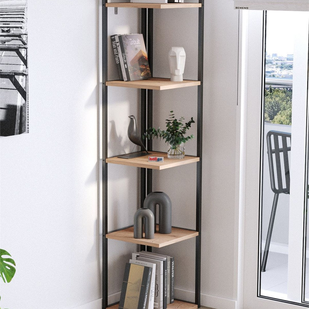 Biblioteca de colt Selanik cu 5 nivele, etajera colt 60 x 170 cm, polite late pentru carti mari sau obiecte decorative, PAL melaminat 18 mm clasa E1, stil modern scandinav ideal living sau birou Antracit - detaliu 7