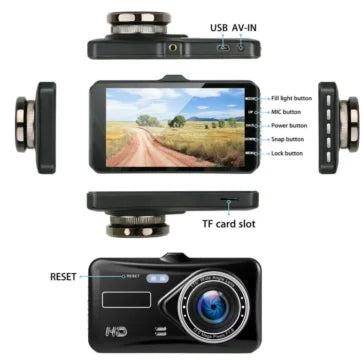 Camera auto dubla, Full HD, Rezolutie 1080p, Unghi filmare 170° in fata si 120° in spate, Ecran LCD 4 inch cu Touchscreen, Senzor G, filmare in bucla