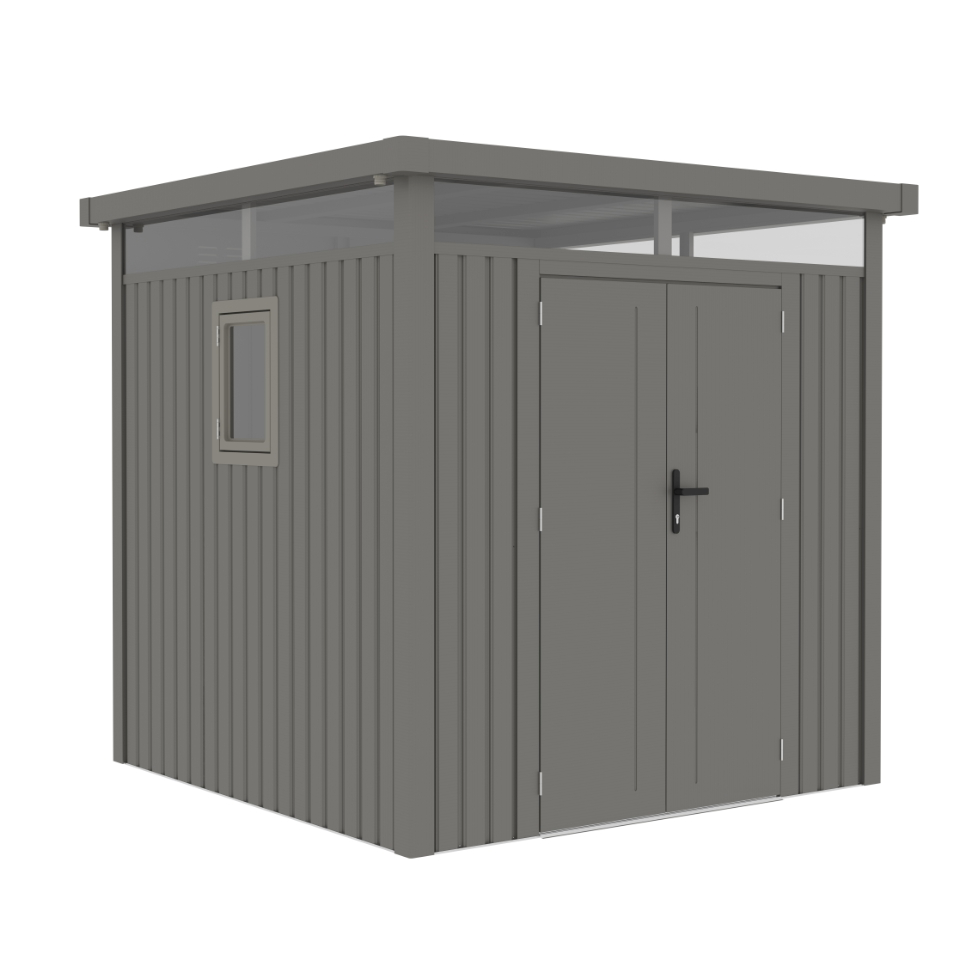 Casuta / magazie de gradina premium metalica, KLUGMEISTER Anna-B Gri Aluminiu, dimensiuni 230x230x222 cm, cu fereastra si baza metalica