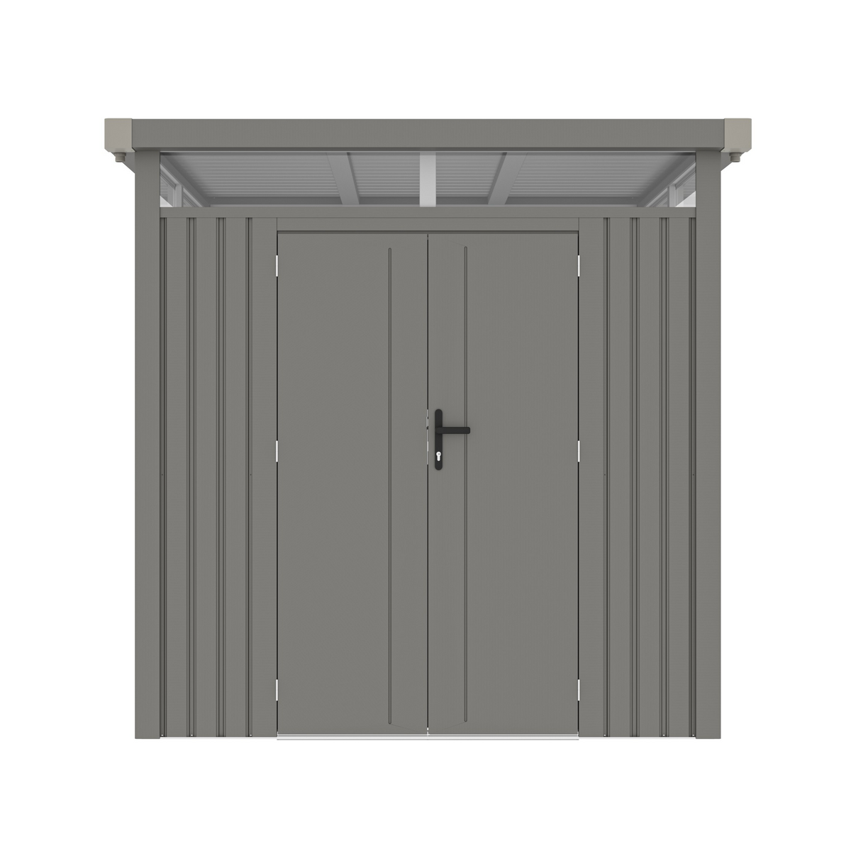 Casuta / magazie de gradina premium metalica, KLUGMEISTER Anna-B Gri Aluminiu, dimensiuni 230x230x222 cm, cu fereastra si baza metalica