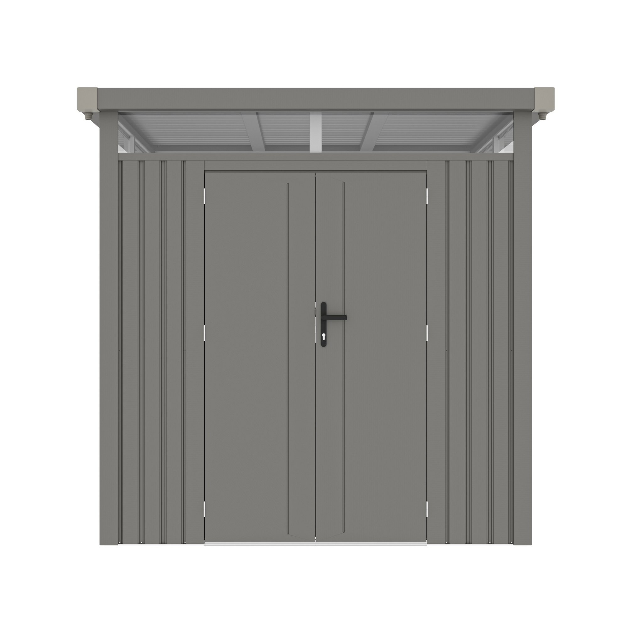 Casuta / magazie premium metalica pentru gradina, Klugmeister Anna-B, Gri Aluminiu, cu fereastra si baza metalica, 230x230x222 cm