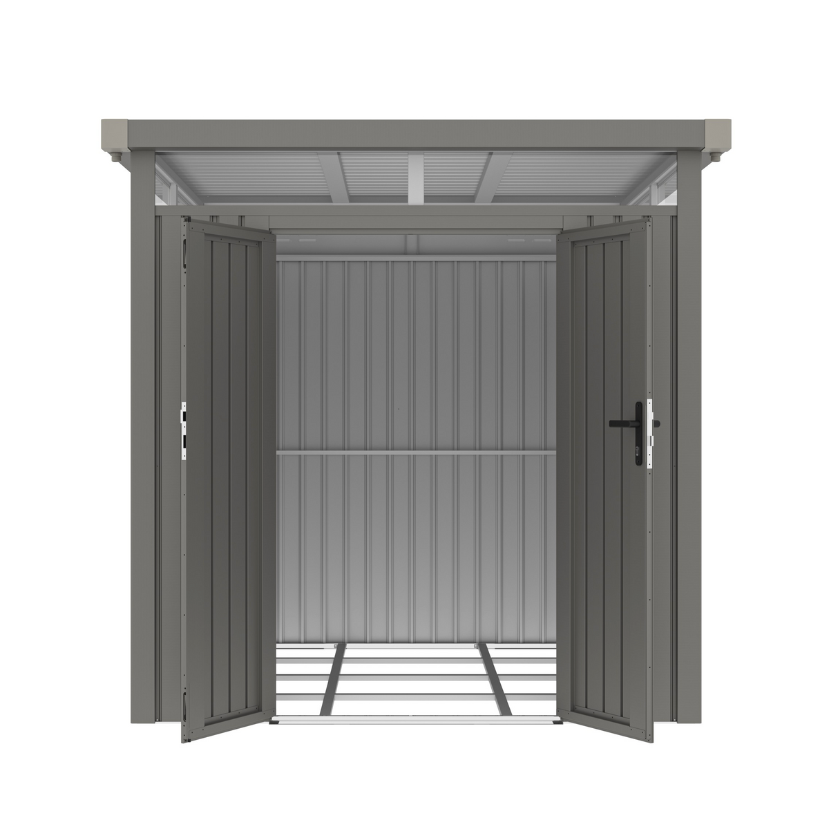 Casuta / magazie de gradina premium metalica, KLUGMEISTER Anna-B Gri Aluminiu, dimensiuni 230x230x222 cm, cu fereastra si baza metalica