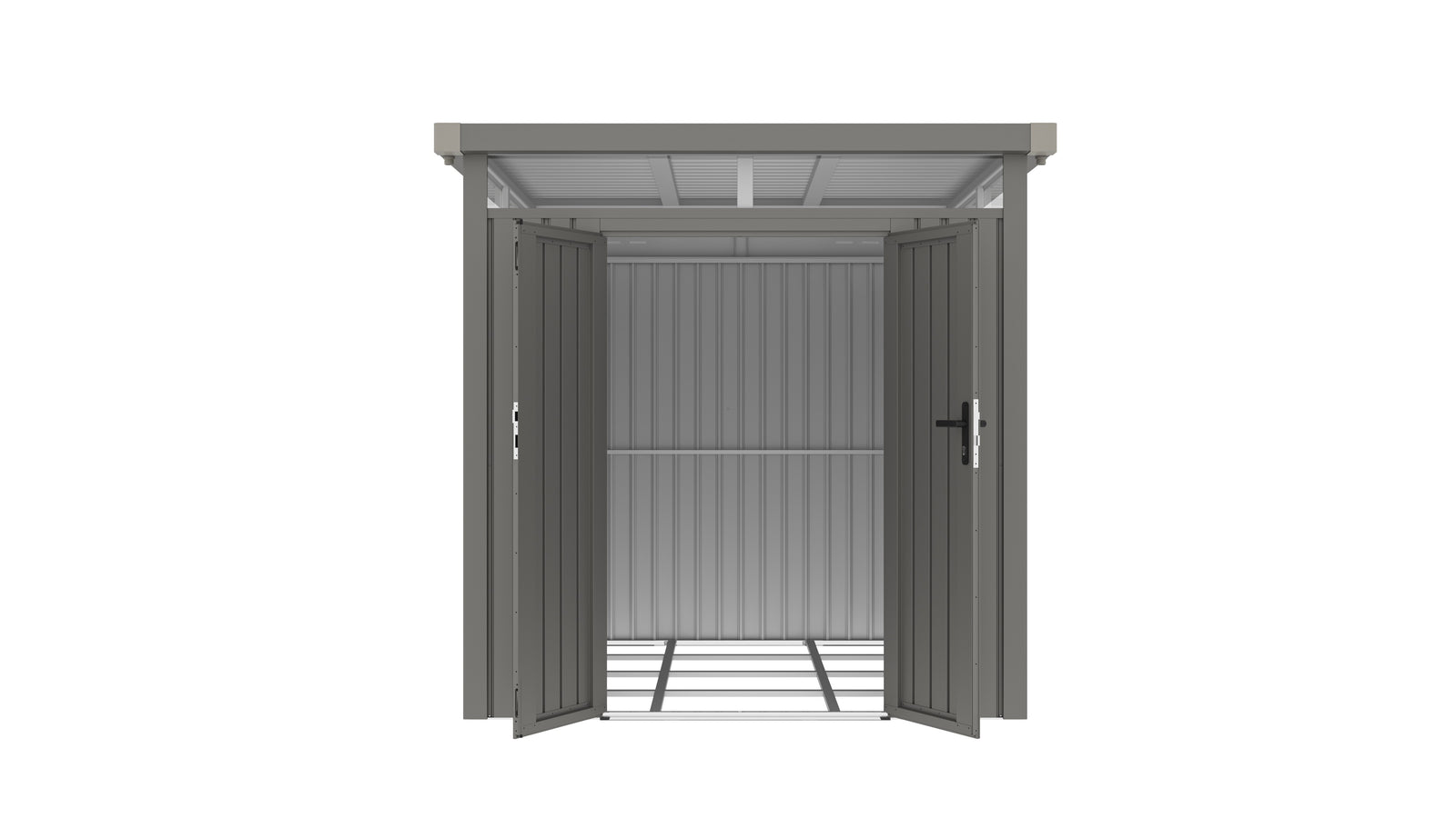 Casuta / magazie de gradina premium metalica, KLUGMEISTER Anna-B Gri Aluminiu, dimensiuni 230x230x222 cm, cu fereastra si baza metalica