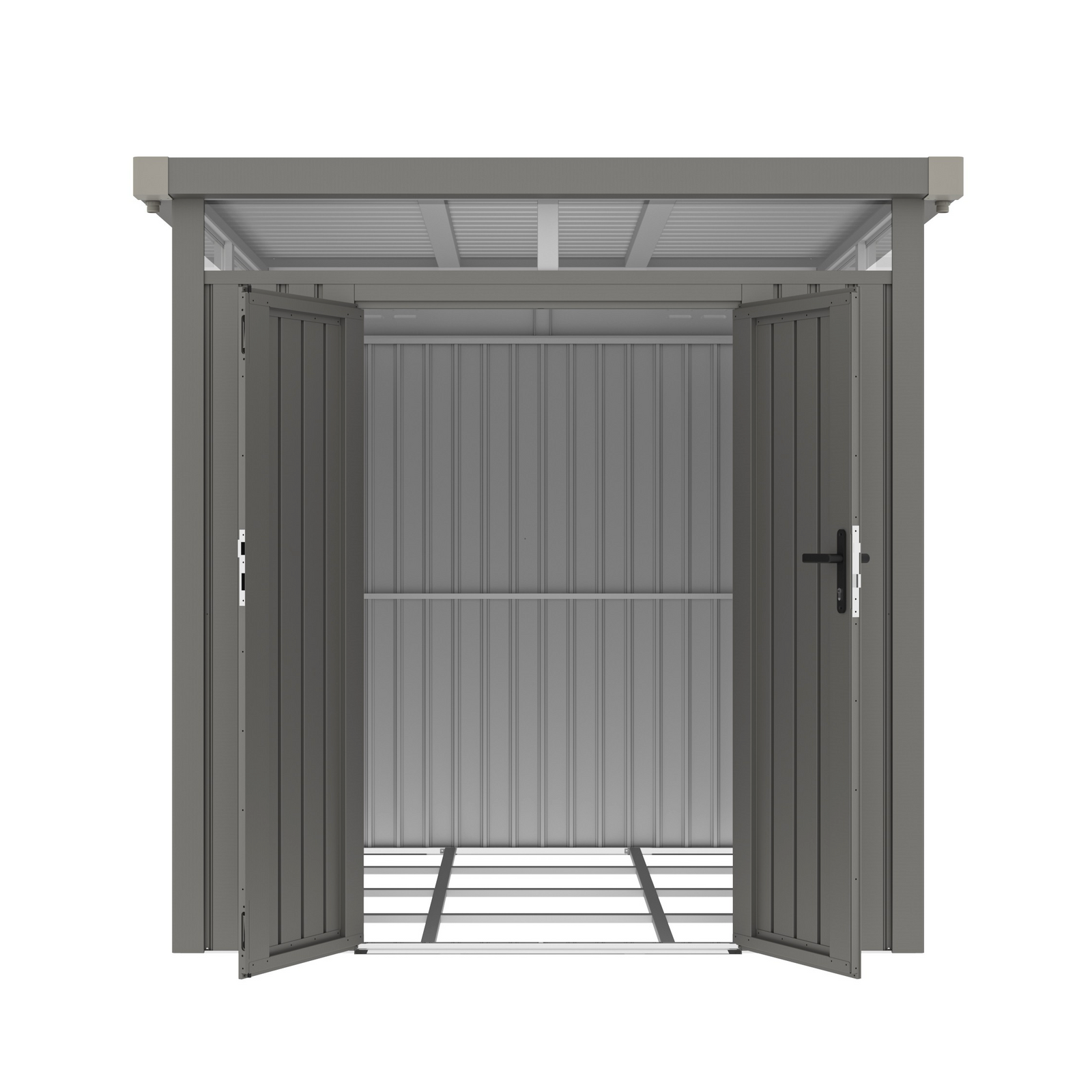 Casuta / magazie de gradina premium metalica, KLUGMEISTER Anna-B Gri Aluminiu, dimensiuni 230x230x222 cm, cu fereastra si baza metalica