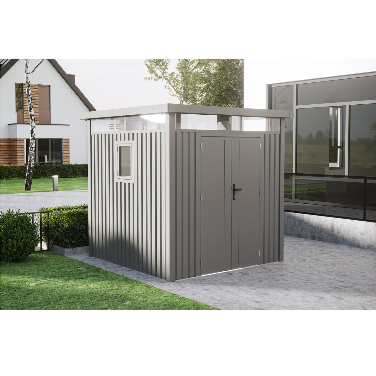 Casuta / magazie de gradina premium metalica, KLUGMEISTER Anna-B Gri Aluminiu, dimensiuni 230x230x222 cm, cu fereastra si baza metalica