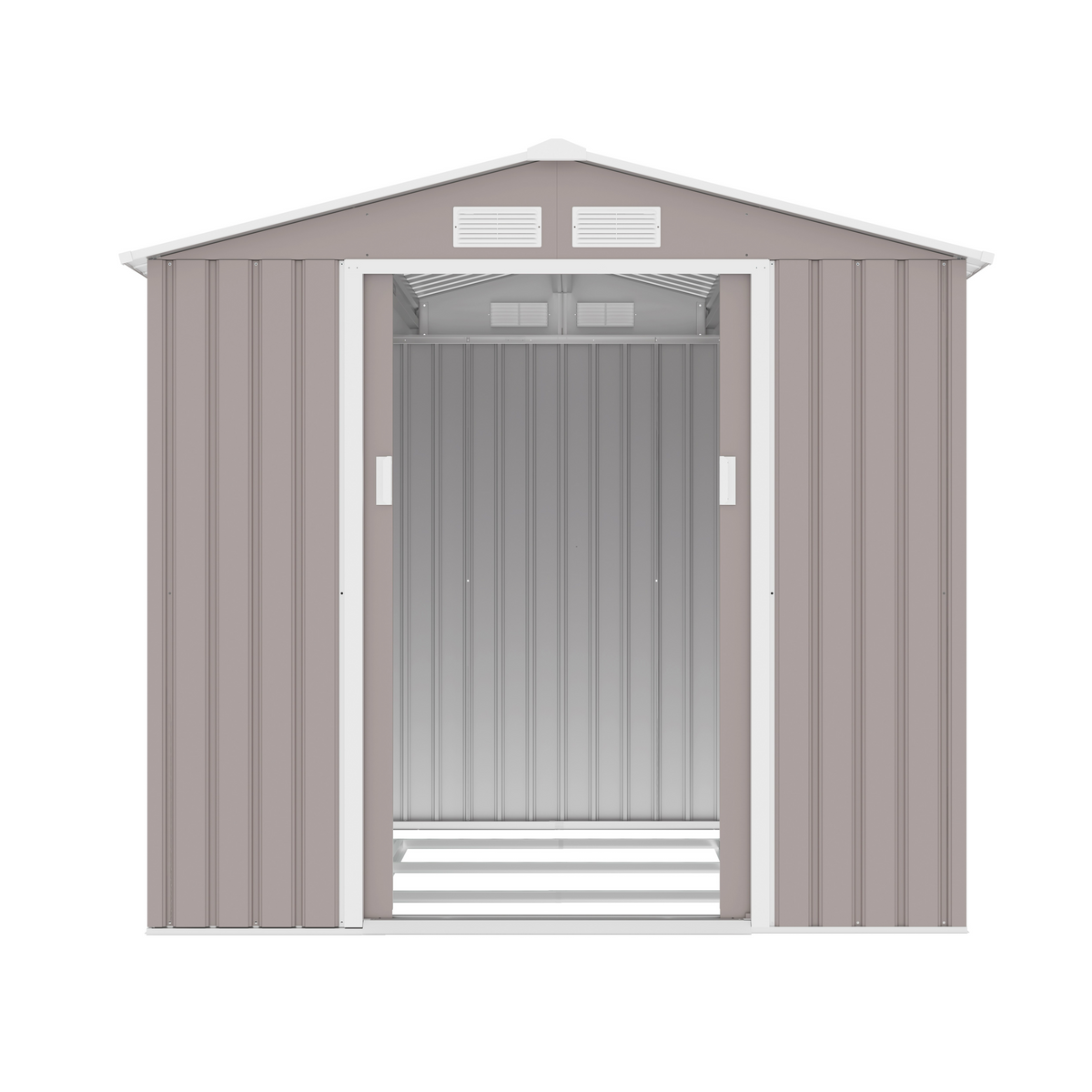 Casuta / magazie de gradina premium metalica, MESTERINO Archer-B Gri cald, dimensiuni 213x195x195 cm cu baza metalica