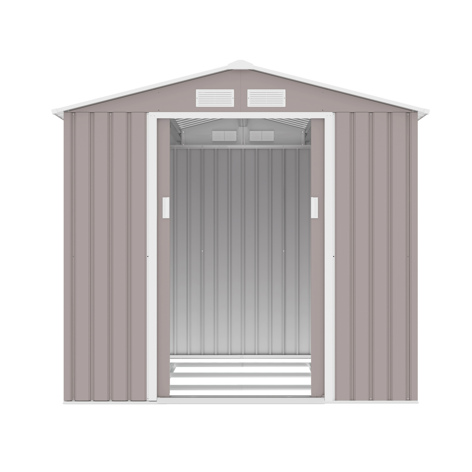 Casuta / magazie de gradina premium metalica, MESTERINO Archer-B Gri cald, dimensiuni 213x195x195 cm cu baza metalica