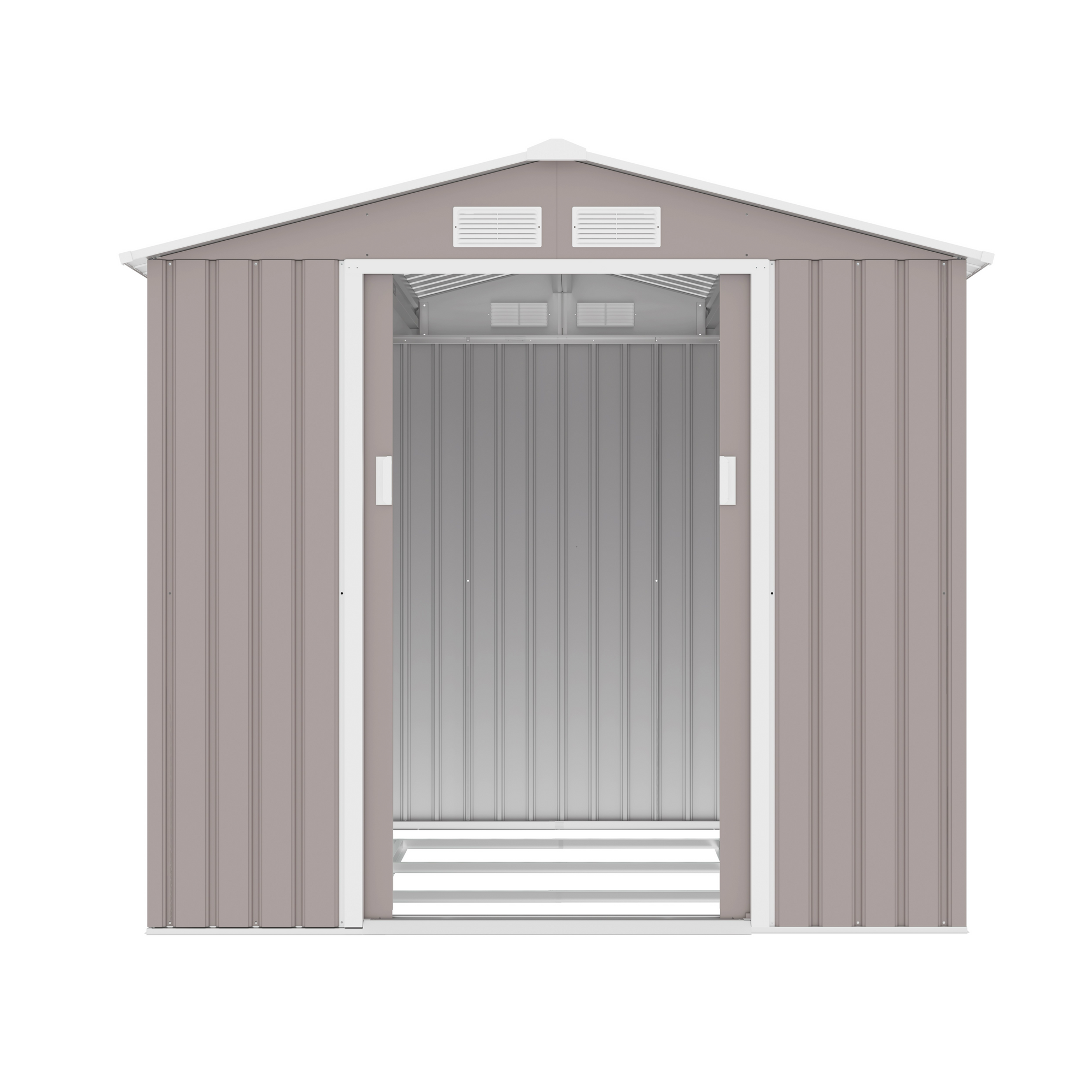 Casuta / magazie premium metalica pentru gradina Klugmeister Archer-B, Gri cald, cu baza metalica, 213x195x195 cm