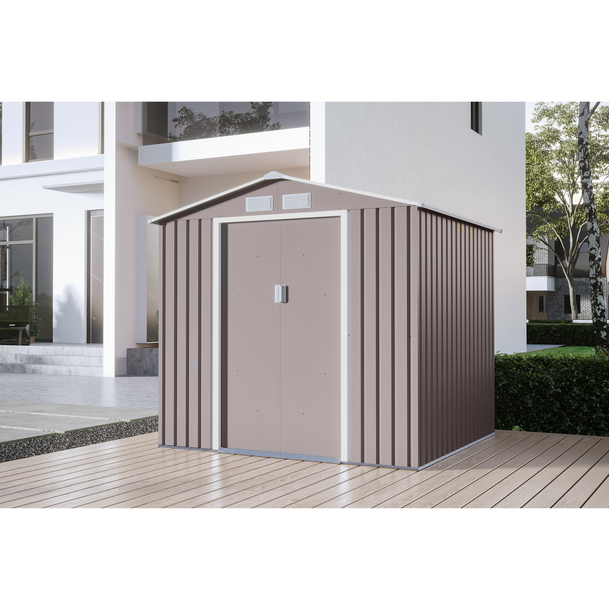 Casuta / magazie de gradina premium metalica, MESTERINO Archer-B Gri cald, dimensiuni 213x195x195 cm cu baza metalica