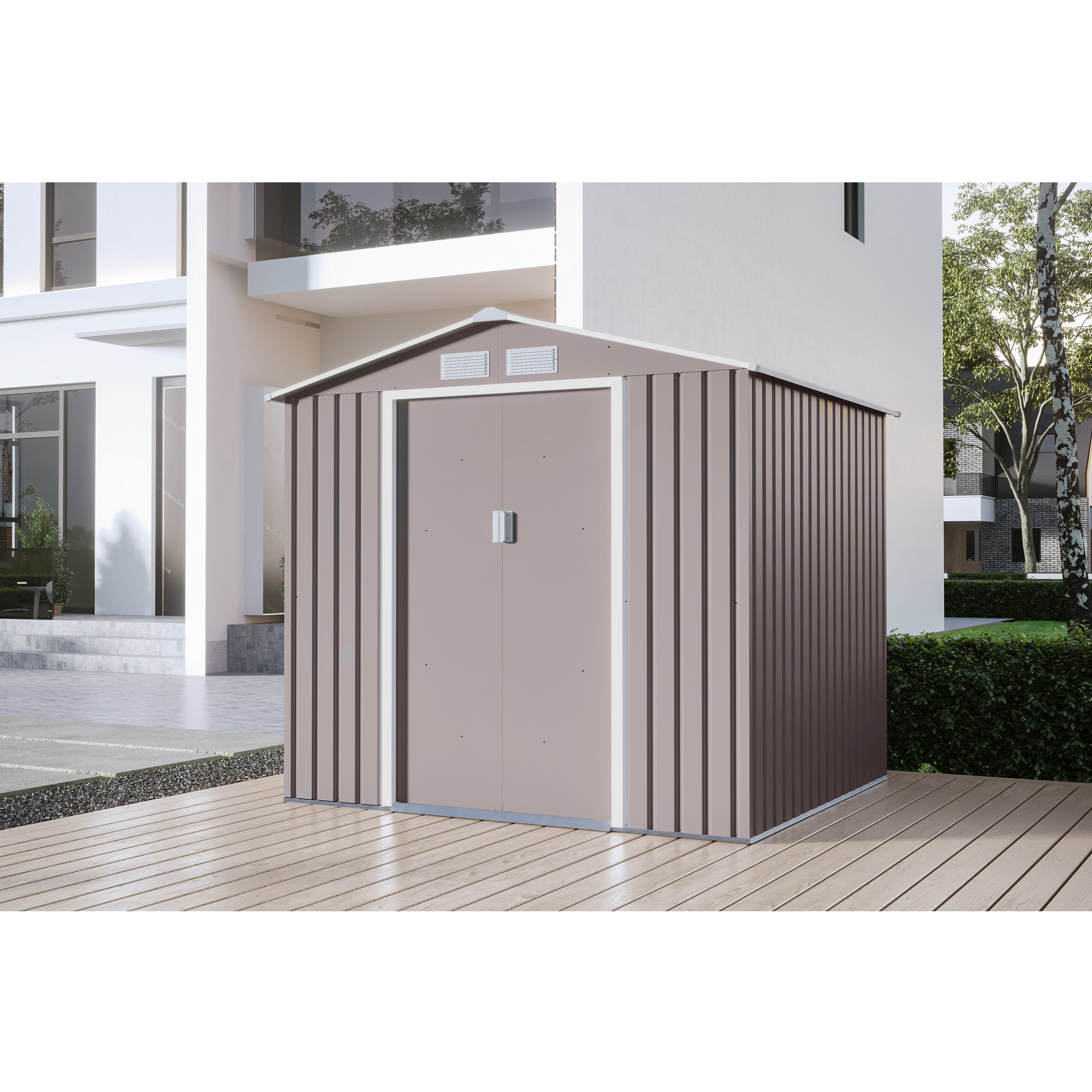 Casuta / magazie premium metalica pentru gradina Klugmeister Archer-B, Gri cald, cu baza metalica, 213x195x195 cm