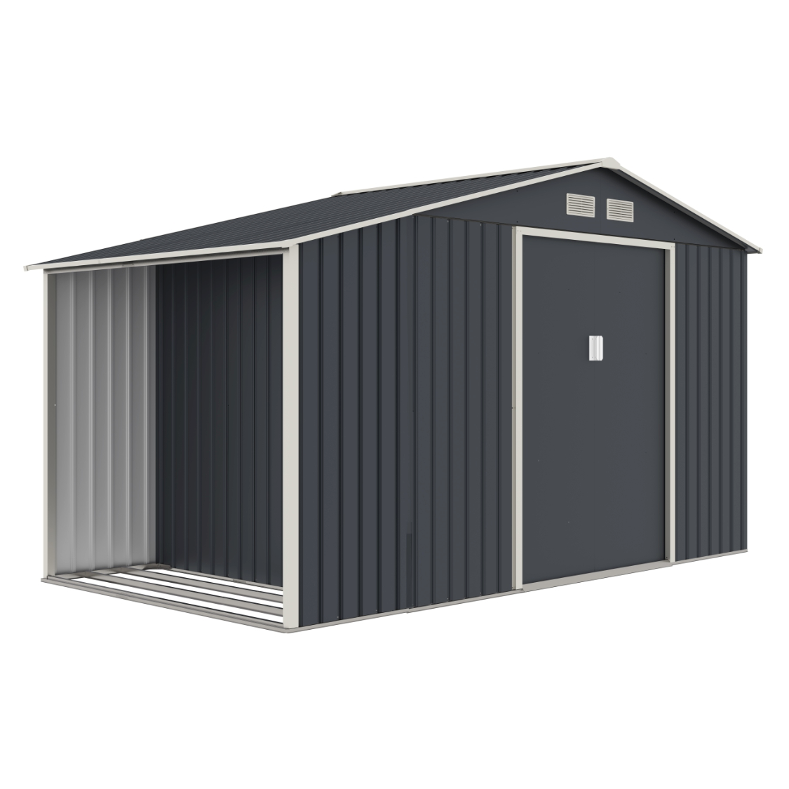 Casuta / magazie de gradina premium metalica, MESTERINO Luke B Gri/Bej, dimensiuni 342x191x202 cm, cu baza metalica