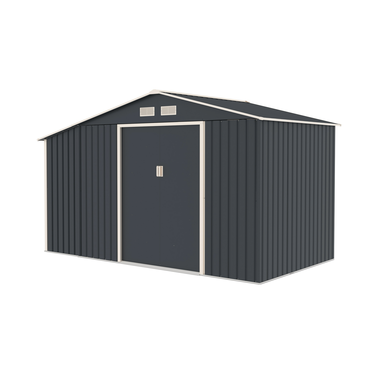 Casuta / magazie de gradina premium metalica, MESTERINO Luke B Gri/Bej, dimensiuni 342x191x202 cm, cu baza metalica