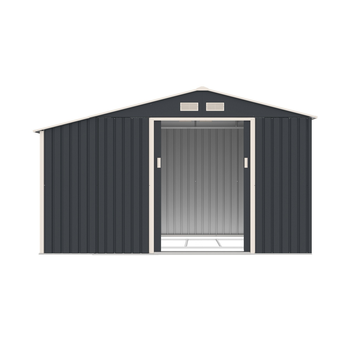 Casuta / magazie de gradina premium metalica, MESTERINO Luke B Gri/Bej, dimensiuni 342x191x202 cm, cu baza metalica