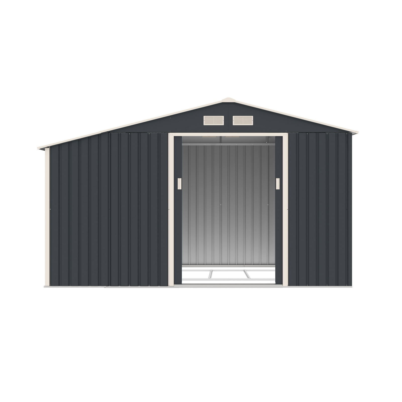 Casuta / magazie de gradina premium metalica, MESTERINO Luke B Gri/Bej, dimensiuni 342x191x202 cm, cu baza metalica