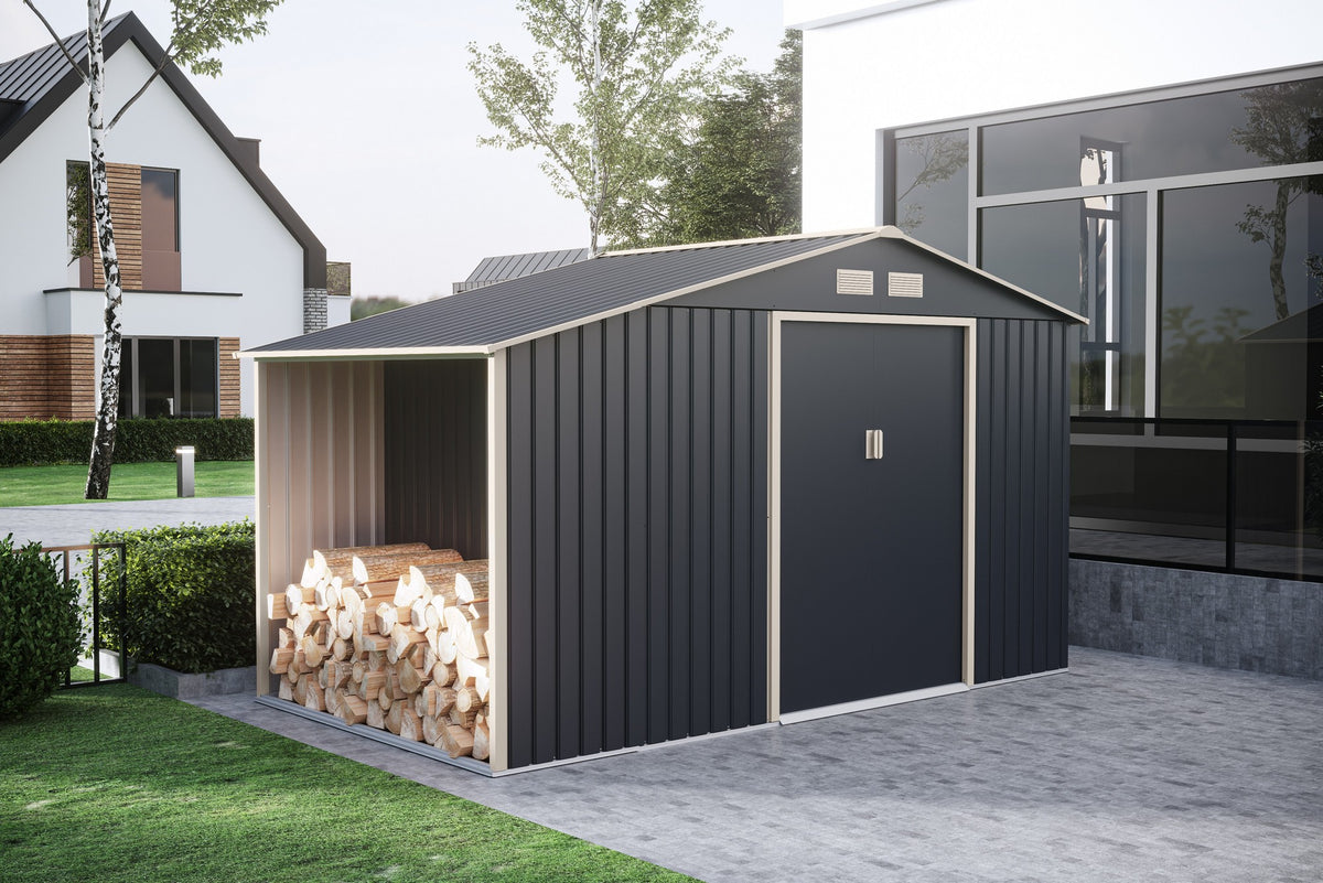 Casuta / magazie de gradina premium metalica, MESTERINO Luke B Gri/Bej, dimensiuni 342x191x202 cm, cu baza metalica