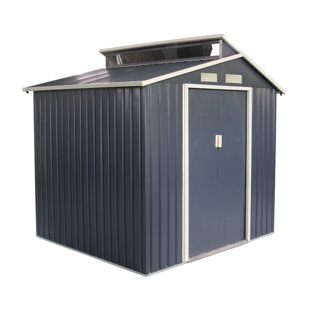 Casuta / magazie premium metalica pentru gradina, Klugmeister Oscar B, Gri/Bej, cu baza metalica, 220x193x214 cm