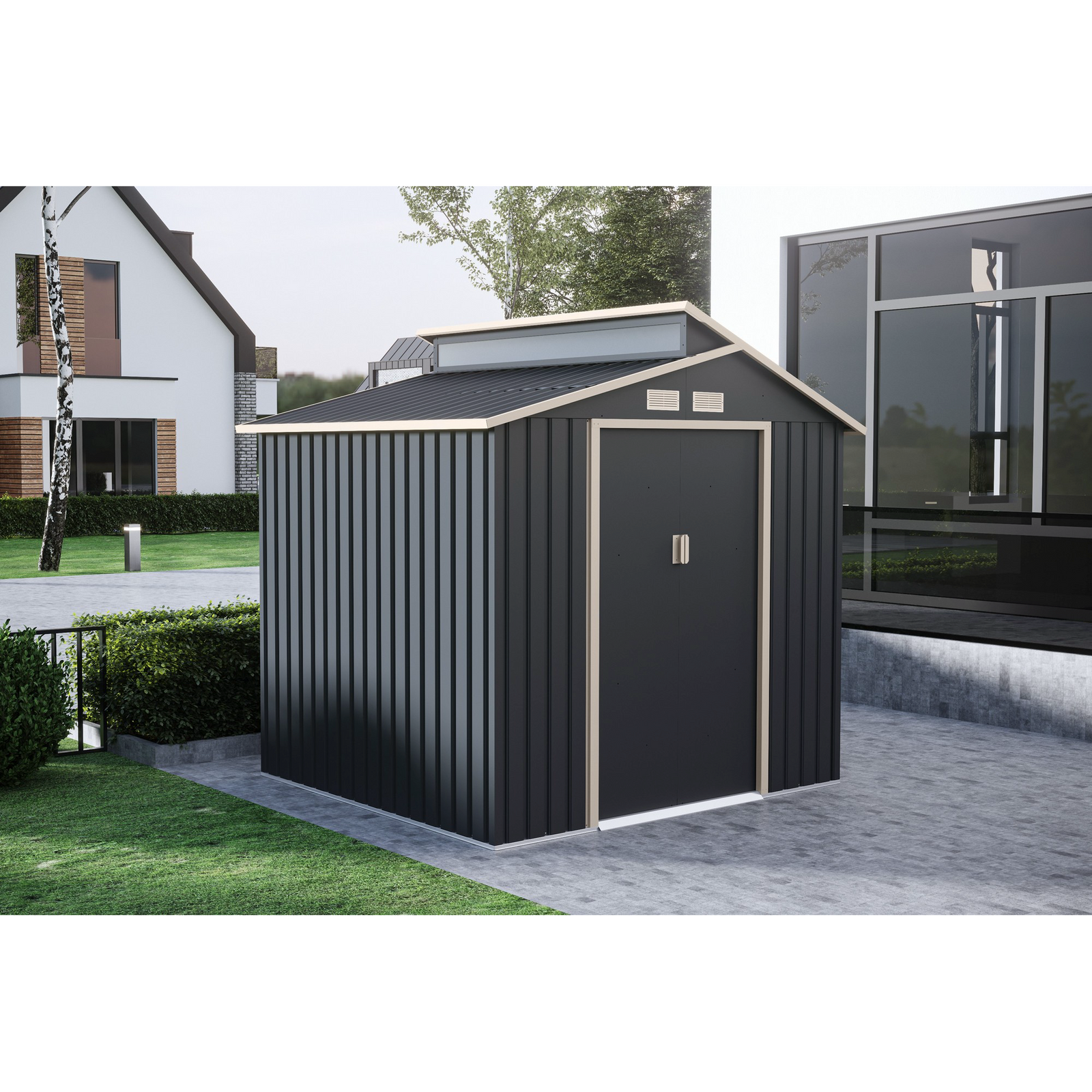 Casuta / magazie de gradina premium metalica, MESTERINO Oscar B Gri/Bej, dimensiuni 220x193x214 cm, cu baza metalica