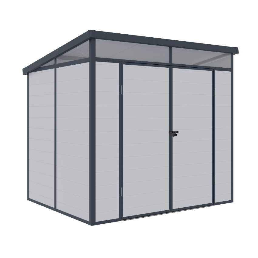 Casuta / magazie de gradina premium din material plastic, KLUGMEISTER Toya B Gri, dimensiuni 238x191x215 cm, cu baza metalica