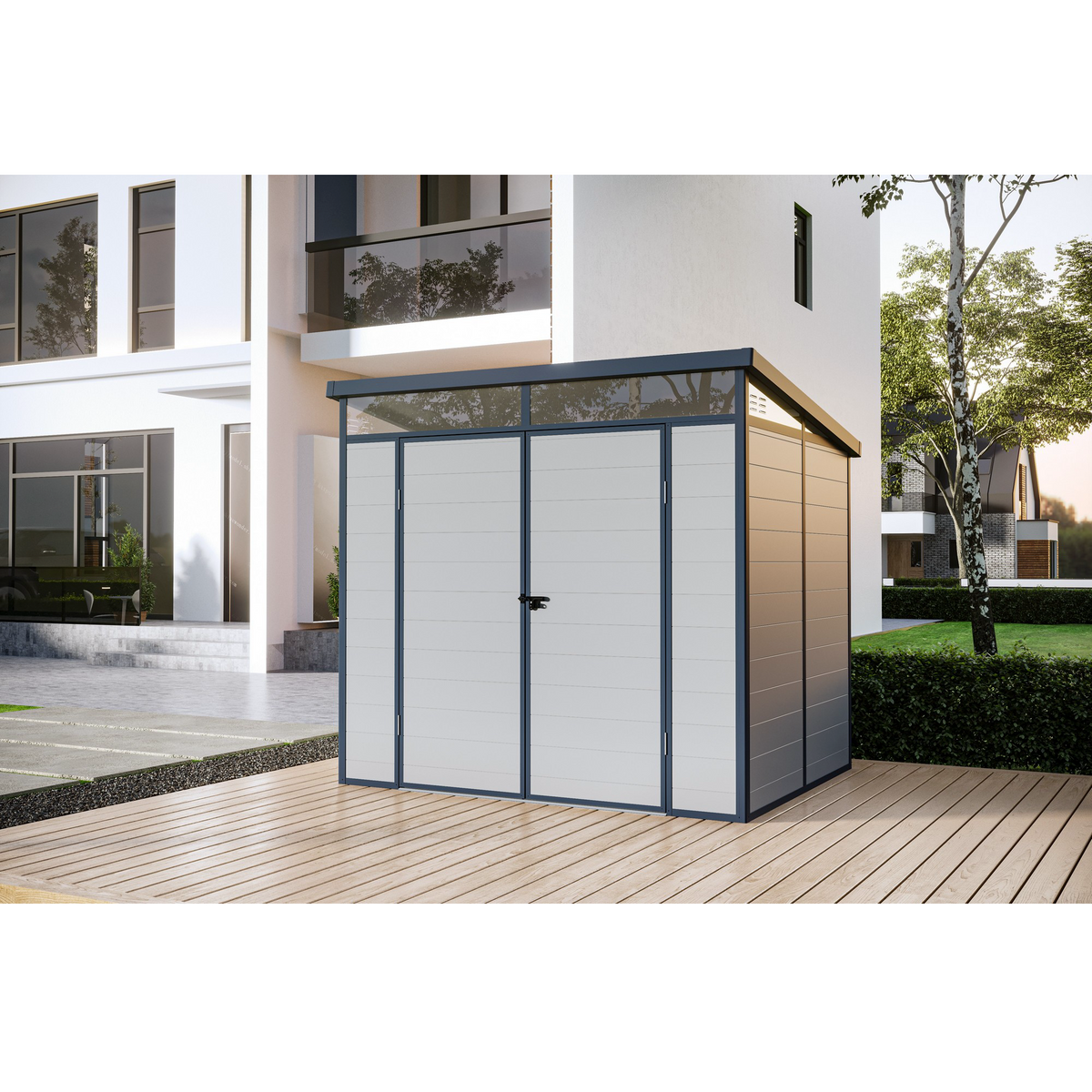 Casuta / magazie de gradina premium din material plastic, KLUGMEISTER Toya B Gri, dimensiuni 238x191x215 cm, cu baza metalica