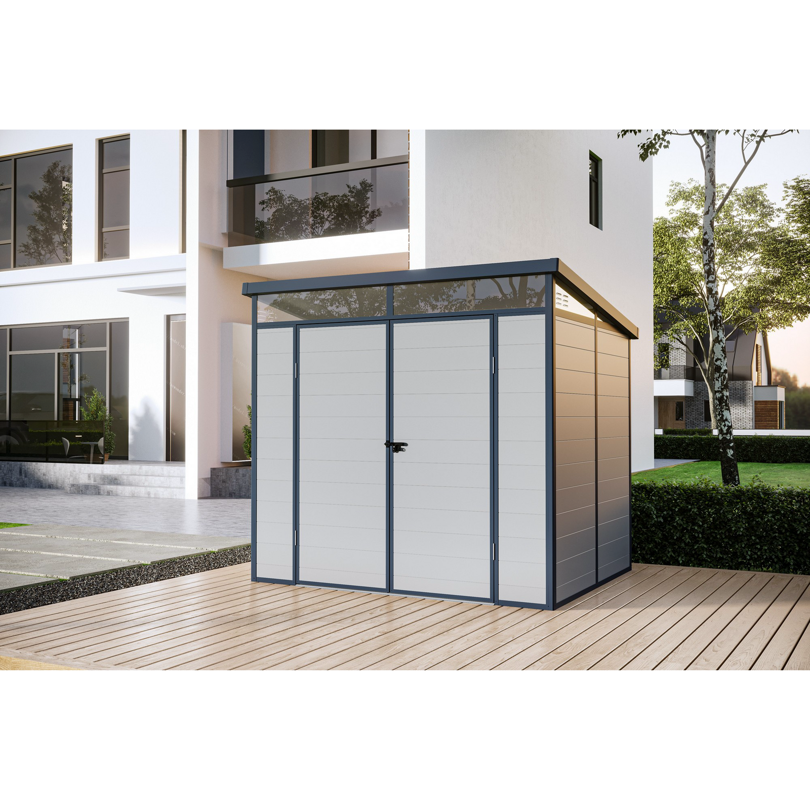 Casuta / magazie de gradina premium din material plastic, KLUGMEISTER Toya B Gri, dimensiuni 238x191x215 cm, cu baza metalica