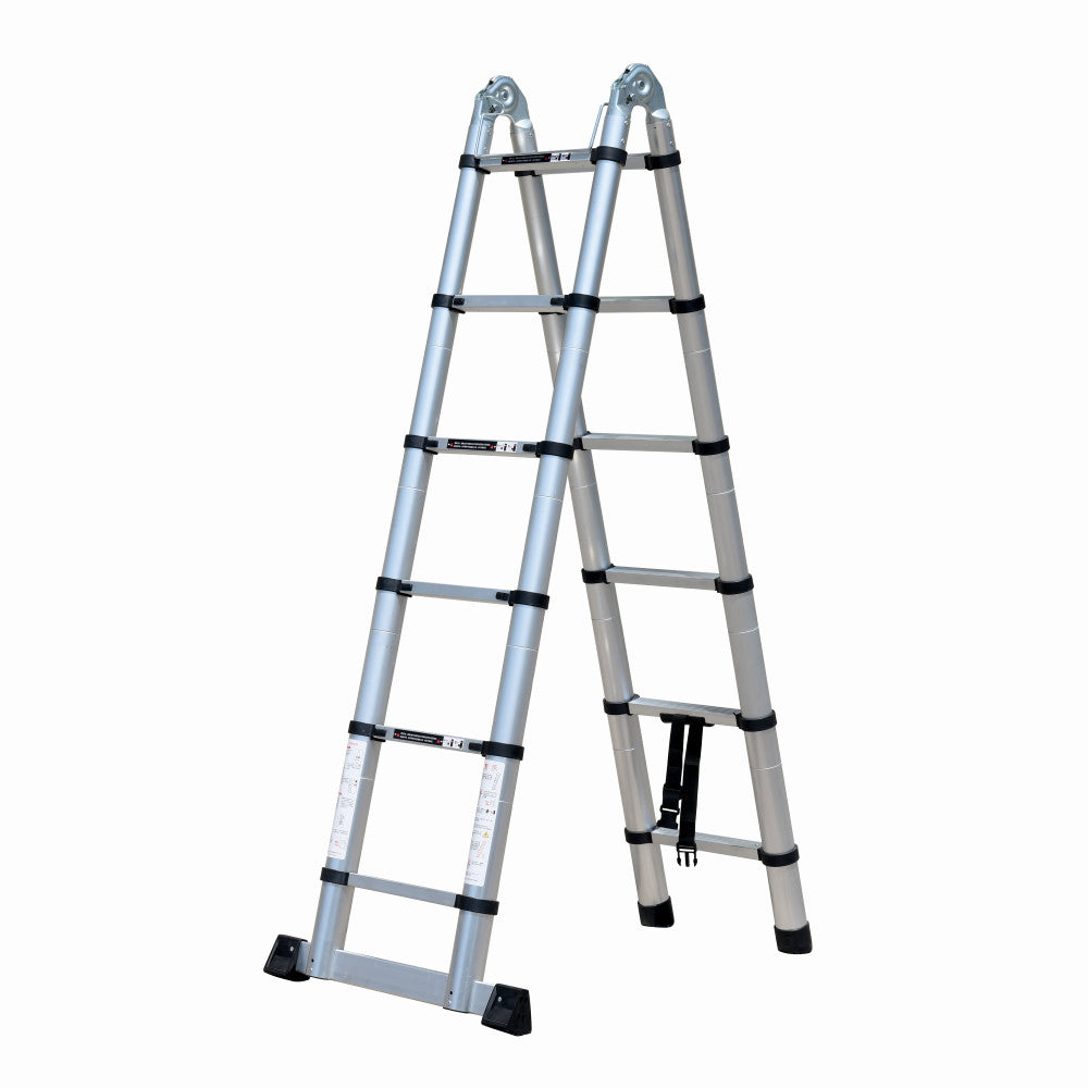 Scara telescopica din aluminiu cu balama MESTERINO TOOLS JL-102-2X1.9, 1.9+1.9 metri, 2x6 trepte, greutate maxima 150 kg
