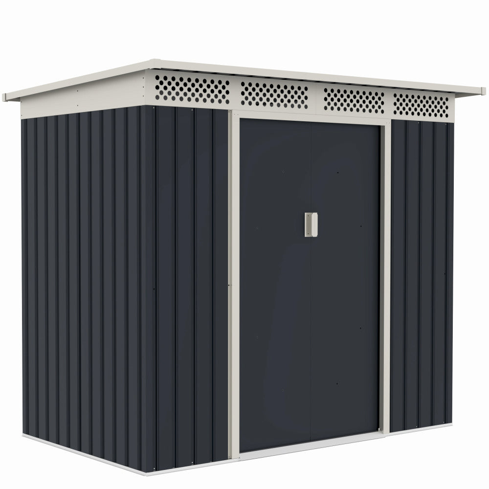 Casuta / magazie de gradina premium metalica, MESTERINO Bella-A, Gri/Bej, dimensiuni 215x142x184 cm, cu usi culisante si baza metalica