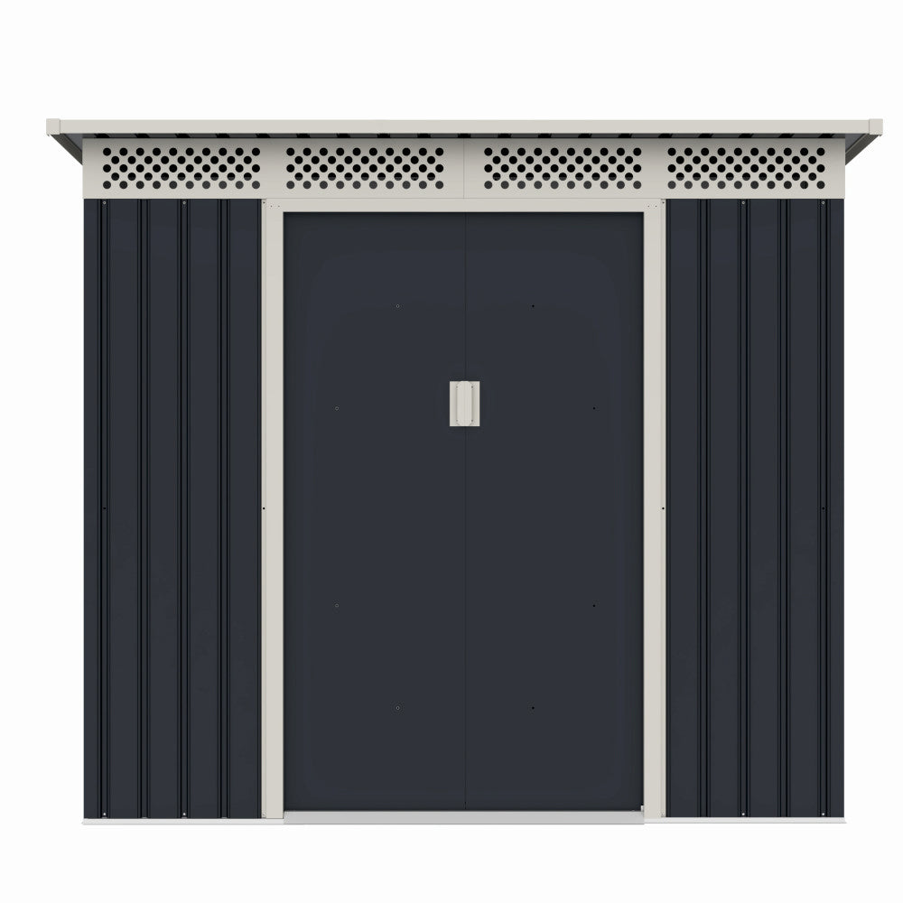 Casuta / magazie de gradina premium metalica, MESTERINO Bella-A, Gri/Bej, dimensiuni 215x142x184 cm, cu usi culisante si baza metalica
