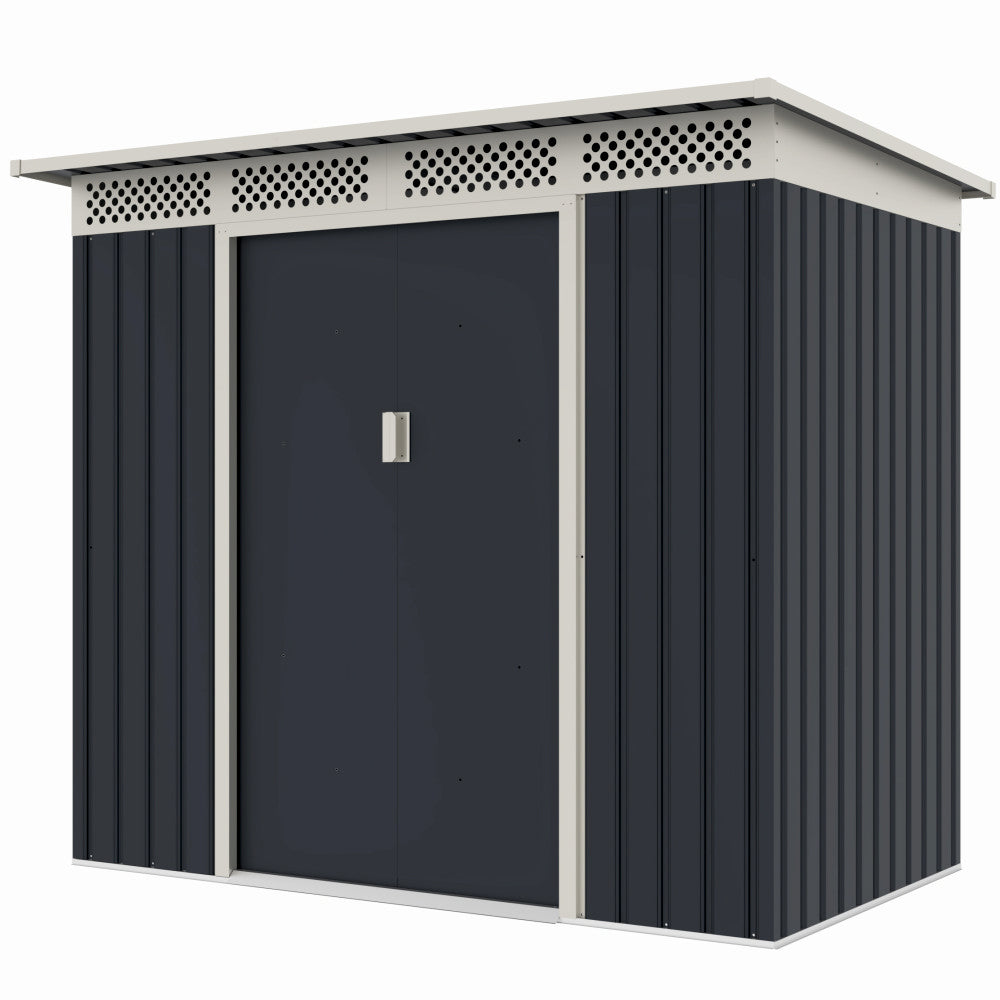 Casuta / magazie de gradina premium metalica, MESTERINO Bella-A, Gri/Bej, dimensiuni 215x142x184 cm, cu usi culisante si baza metalica