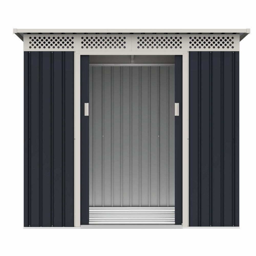 Casuta / magazie de gradina premium metalica, MESTERINO Bella-A, Gri/Bej, dimensiuni 215x142x184 cm, cu usi culisante si baza metalica