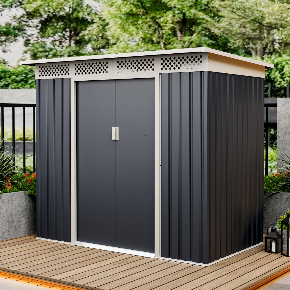 Casuta / magazie de gradina premium metalica, MESTERINO Bella-A, Gri/Bej, dimensiuni 215x142x184 cm, cu usi culisante si baza metalica