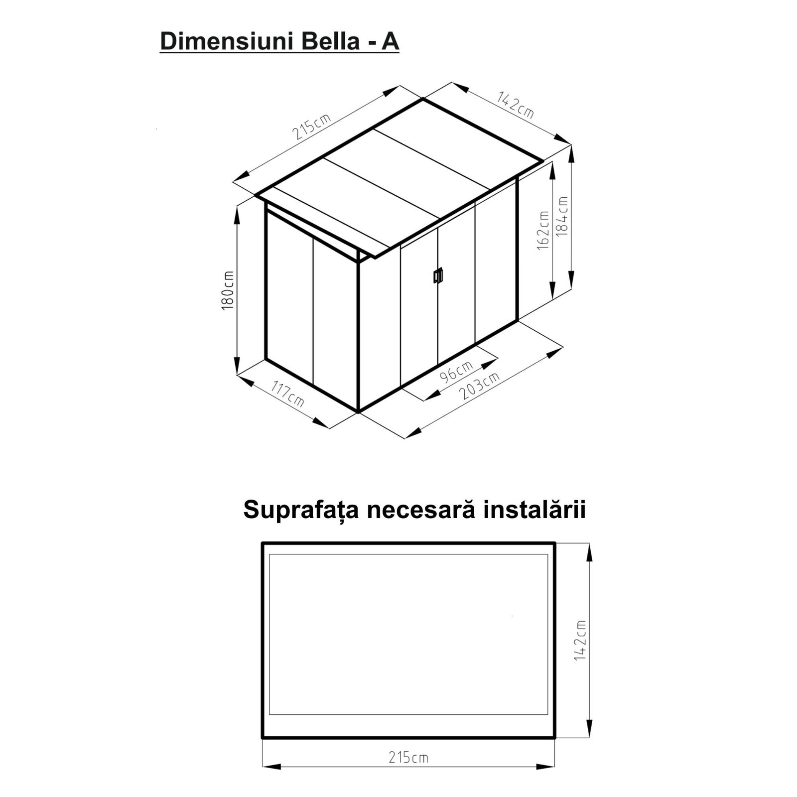 Casuta / magazie de gradina premium metalica, MESTERINO Bella-A, Gri/Bej, dimensiuni 215x142x184 cm, cu usi culisante si baza metalica
